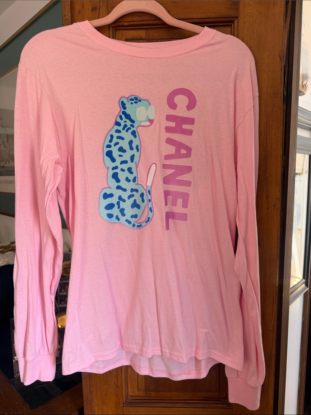 Pink Long-Sleeve Tee with Blue Leopard Motif
